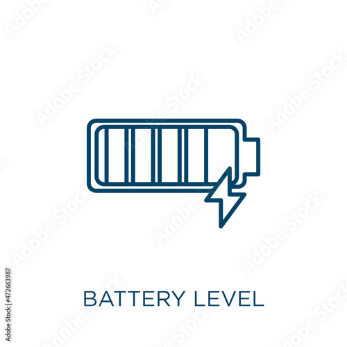 battery level icon. Thin linear battery level outline icon isolated on white background. Line vector battery level sign, symbol for web and mobile.