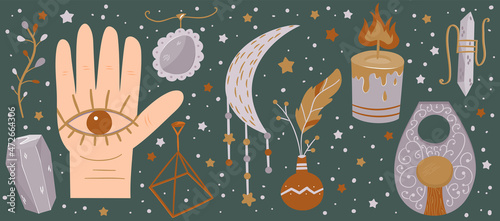 Circular esoteric design with all-seeing eye, amulets.Candles, crystals, talismans for witchcraft and reading of bereaved. Occult and clairvoyance set of objects. Vector illustration in flat style.