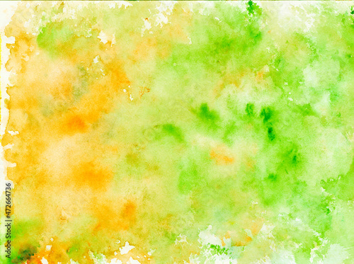 Abstract watercolor hand painted background in green and yellow colors mix, For pattern, logo, highlights, brand concept. Tie dye, liquid stone effect. Salt snowflakes, water drops, sponge effect