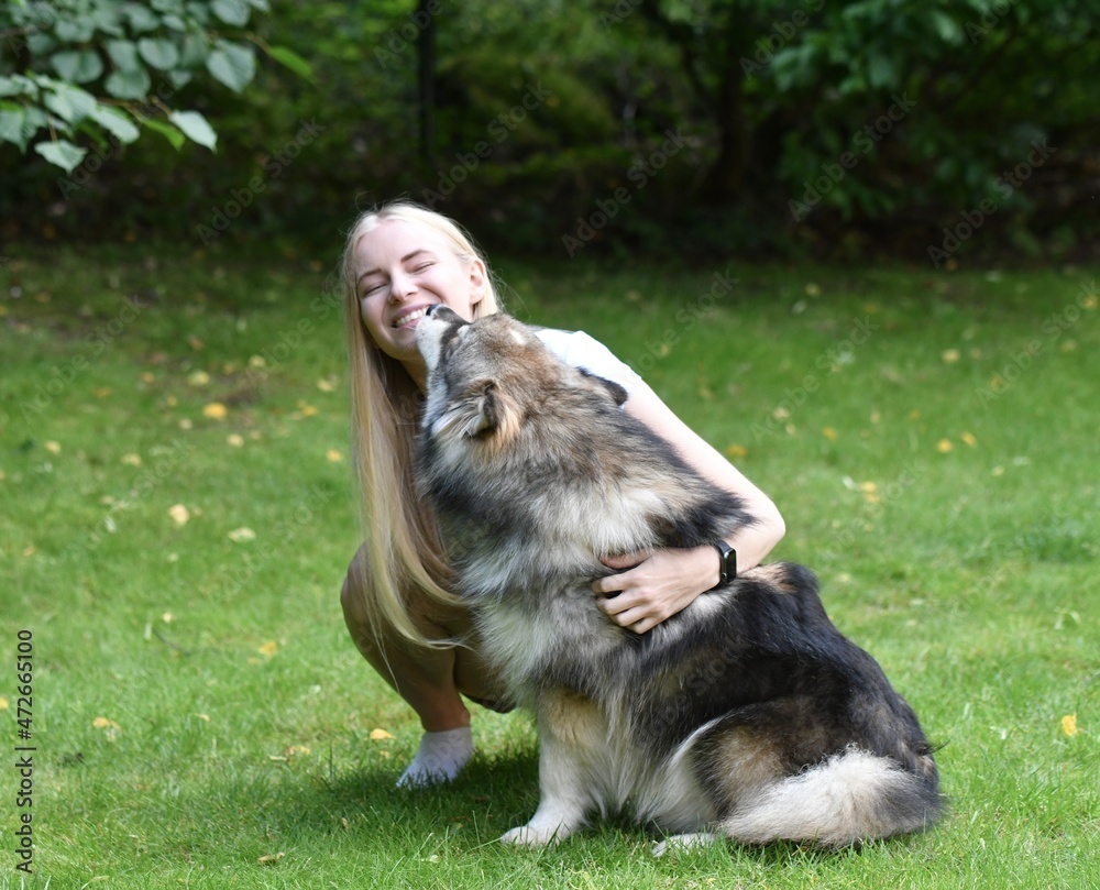 Portrait of a woman and a Finnish Lapphund dog Portrait of a woman and a Finnish Lapphund dog