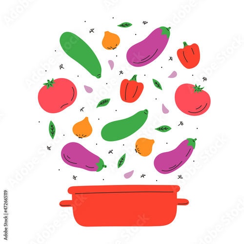 Stew from vegetables: eggplant, zucchini, onions, garlic, dill, basil, pepper, aubergine, tomato.