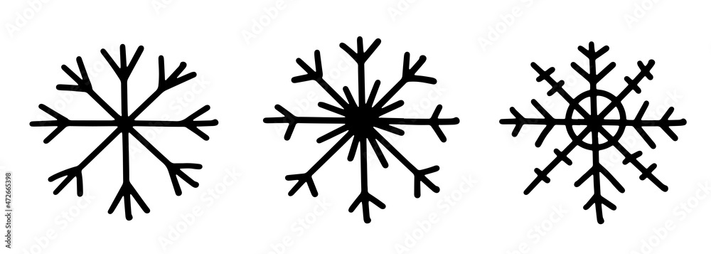 A set of three black different hand draw snowflake icons. Illustration isolated on background.