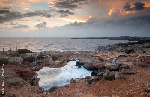 Seascape with windy waves during stormy weather at sunset. Cape greko Cyprus