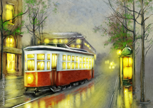 Digital oil paintings landscape, tram in the city