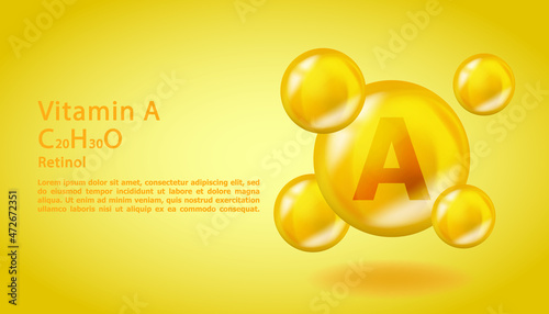 3D Vitamin molecule A Retinol design. Realistic A Retinol Vitamin drop. Yellow nutrition complex illustration.