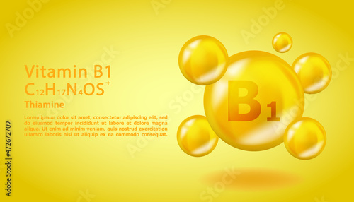3D Vitamin molecule B1 Thiamine design. Realistic B1 Thiamine Vitamin drop. Yellow nutrition complex illustration.