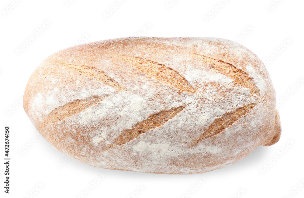 Loaf of tasty wheat sodawater bread isolated on white, top view Loaf of tasty wheat sodawater bread isolated on white, top view