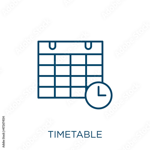 timetable icon. Thin linear timetable outline icon isolated on white background. Line vector timetable sign, symbol for web and mobile.