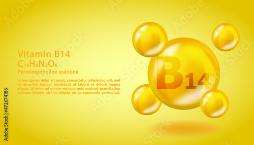 3D Vitamin molecule B14 Pyrroloquinoline quinone design. Realistic B14 Pyrroloquinoline quinone Vitamin drop. Yellow nutrition complex illustration. photo