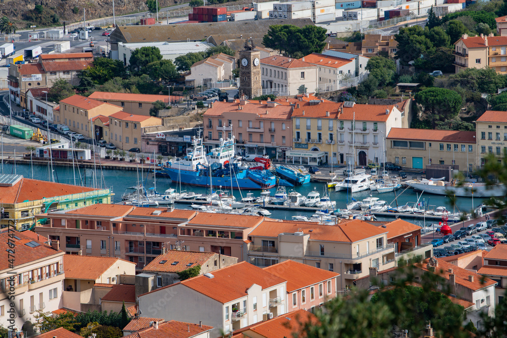 Aerial view of Port Vendres town with its church and trawler at dock, Mediterranean sea, Roussillon, Pyrenees Orientales, Vermilion coast, France