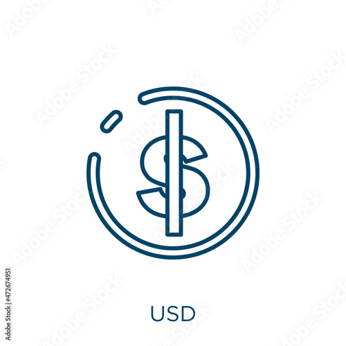 usd icon. Thin linear usd outline icon isolated on white background. Line vector usd sign, symbol for web and mobile.
