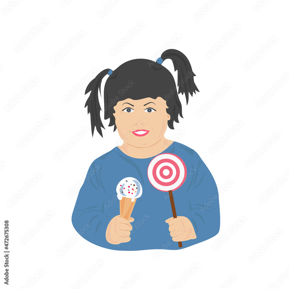 A fat girl holds an ice cream and a lollipop.