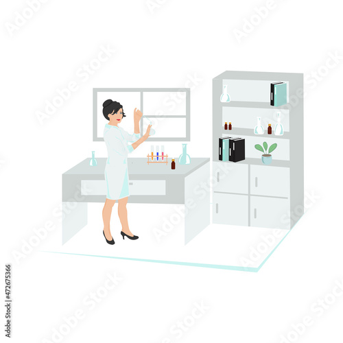 A laboratory assistant girl holds a flask and a pipette in her hands. Equipped laboratory.