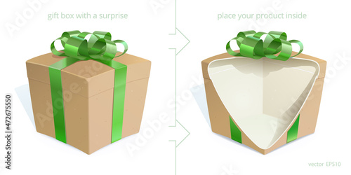 Vector set of  cardboard gift boxes with a green bow. 3d realistic box is cut to show any hidden ecologically pure product. Shells are designed for a twin pages to cause an effect of surprise