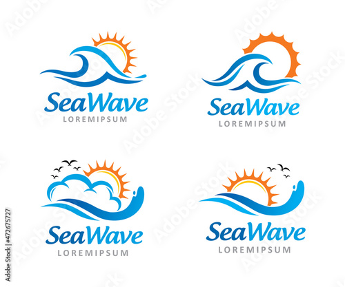 Sea wave and sun logo symbol or icon template