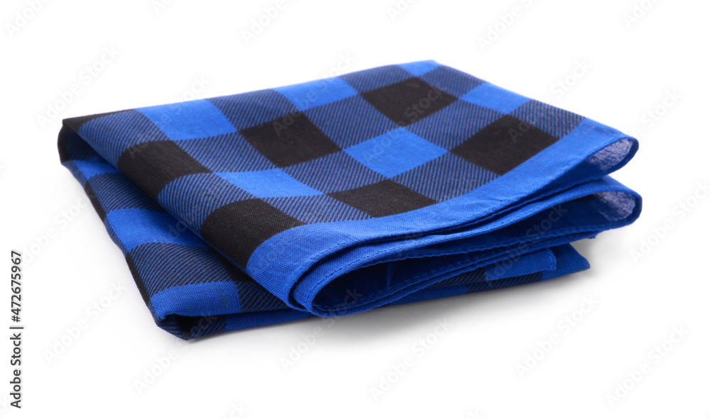 Folded blue bandana with check pattern isolated on white