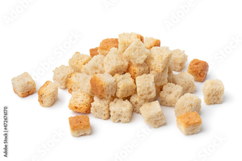Heap of  fresh natural croutons close up isolated on white background