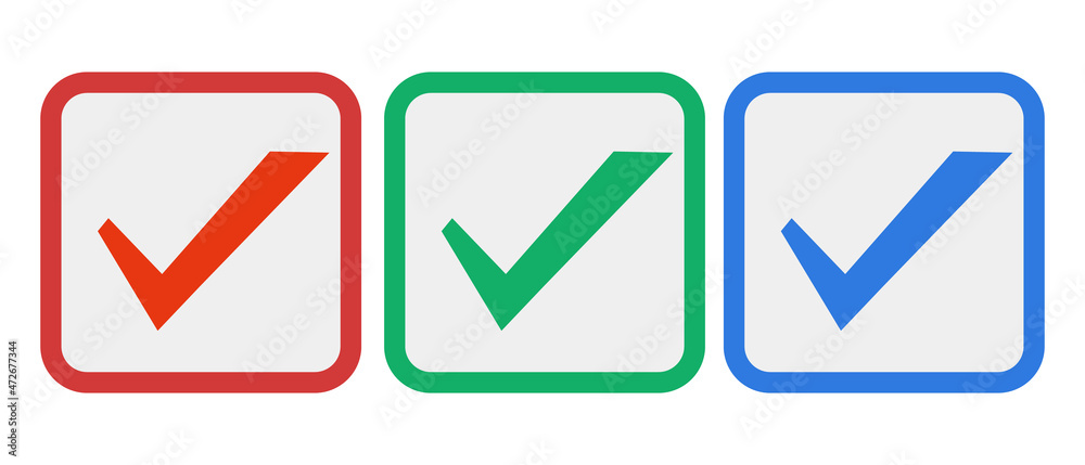 Red, green, blue check box set. Vector about selection. Red, green, blue check box set. Vector about selection.