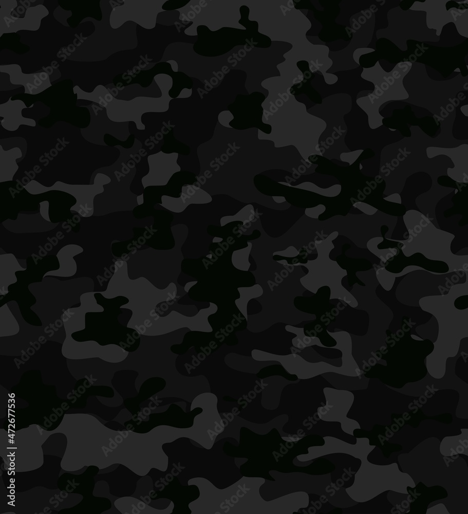 Night camouflage pattern, black background, vector background repeat, black  spots. Stock Vector