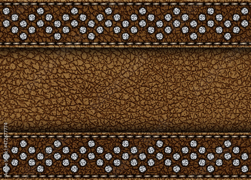 Vector poster with brown leather stripes with stitches and silver sequins