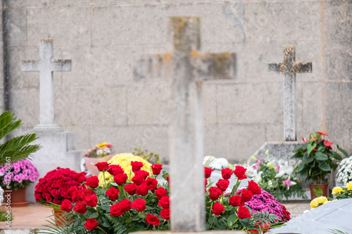 flowers and crosses, Sineu, municipal cemetery, Mallorca, Balearic Islands, Spain