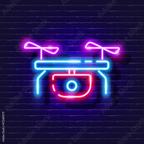 Quadrocopter neon icon. Photo and video concept. Vector illustration of a sign for design, website, decoration, online store.