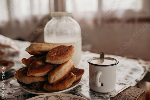 rustic lunch, pies, milk