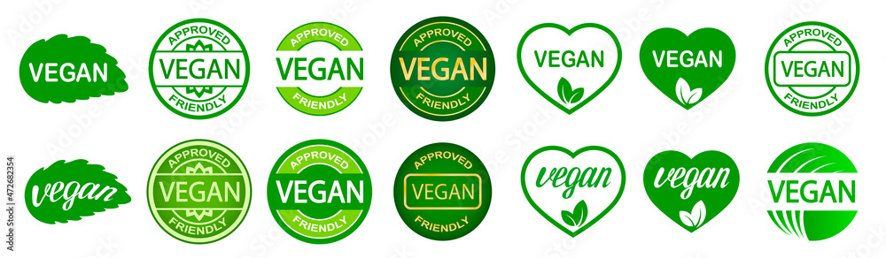 Set of vegan stamps. Plant based vegetarian food product label. Green round and heart-shaped stamp. Logo or icon. Set of vegan stamps. Plant based vegetarian food product label. Green round and heart-shaped stamp. Logo or icon.