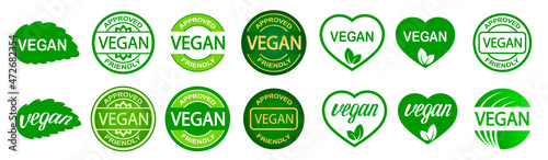 Set of vegan stamps. Plant based vegetarian food product label. Green round and heart-shaped stamp. Logo or icon.