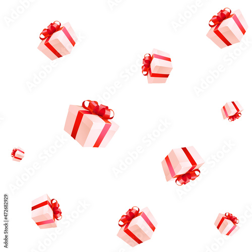 Scattered gifts. Vector seamless texture. Chaotic pink boxes tied with a red ribbons and bows. Bent cartoon elements with different sizes on a white background. Cute pattern for festive design