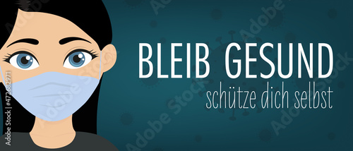 Bleib gesund. Schütze dich selbst. Junge Frau mit einer Maske. Vektor-Illustration.