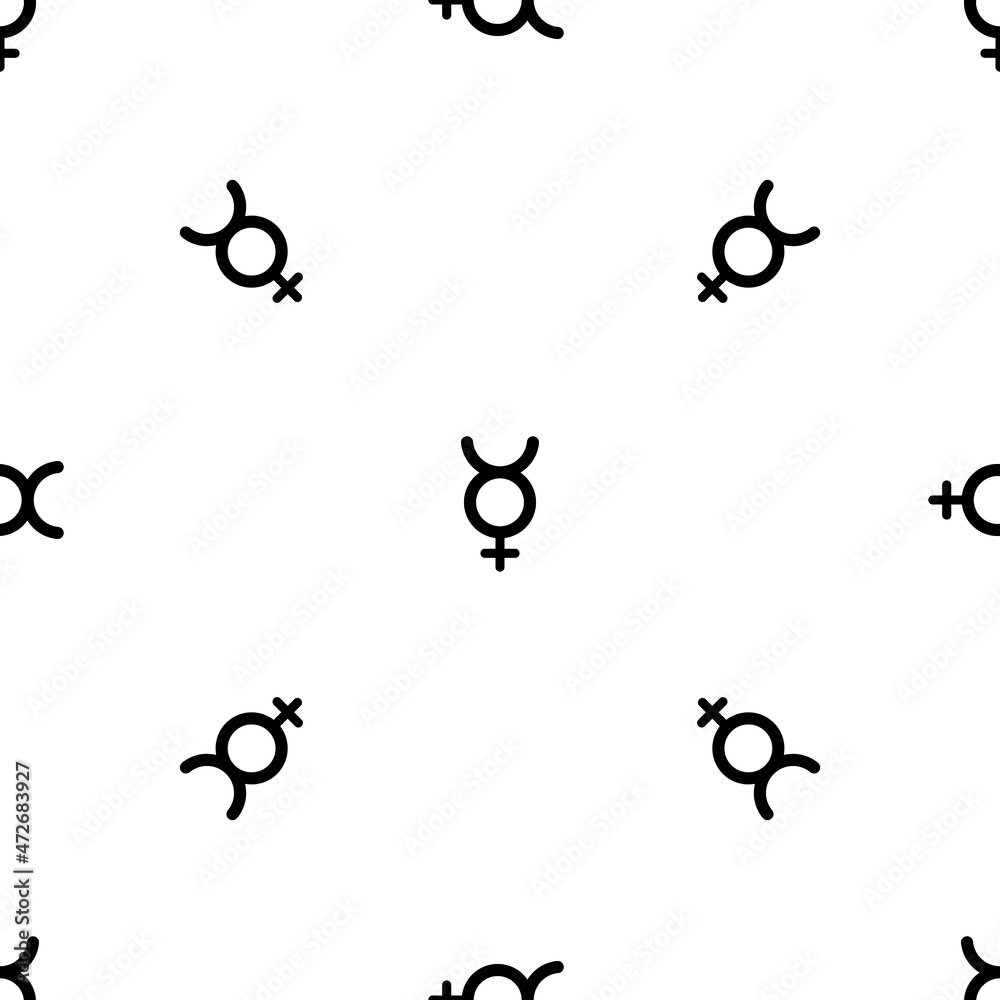 Seamless pattern of repeated black astrological mercury symbols. Elements are evenly spaced and some are rotated. Vector illustration on white background