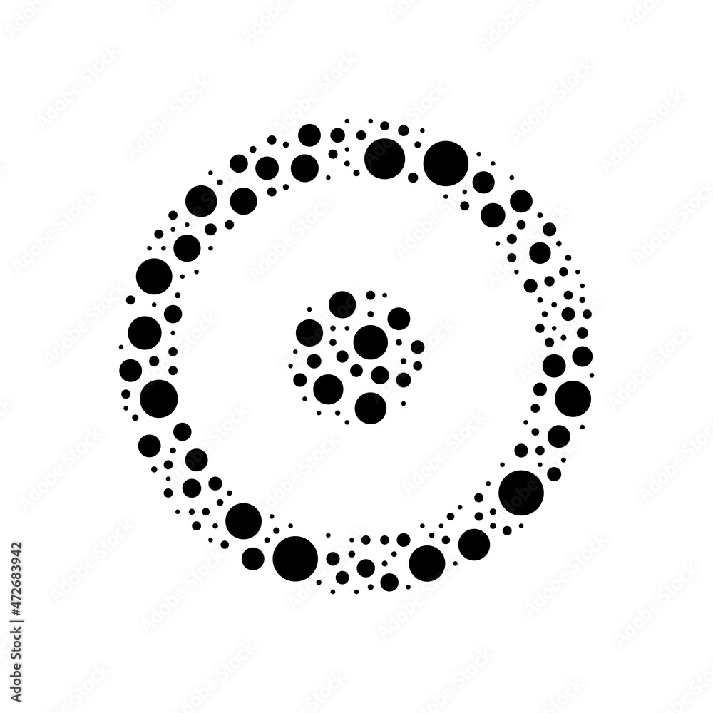 A large astrological sun symbol in the center made in pointillism style. The center symbol is filled with black circles of various sizes. Vector illustration on white background A large astrological sun symbol in the center made in pointillism style. The center symbol is filled with black circles of various sizes. Vector illustration on white background