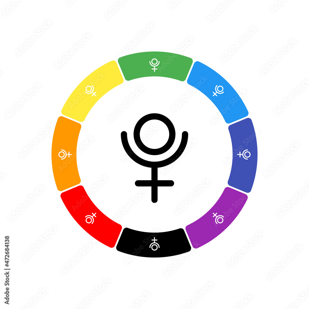 Naklejka premium A large black astrological pluto symbol in the center, surrounded by eight white symbols on a colored background. Background of seven rainbow colors and black. Vector illustration on white background