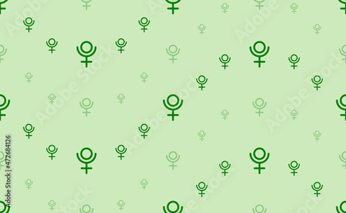 Seamless pattern of large and small green astrological pluto symbols. The elements are arranged in a wavy. Vector illustration on light green background