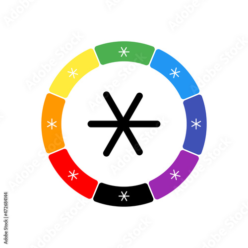 A large black astrological sextile symbol in the center, surrounded by white symbols on a colored background. Background of rainbow colors and black. Vector illustration on white background photo