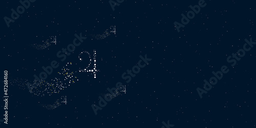 A jupiter astrological symbol filled with dots flies through the stars leaving a trail behind. There are four small symbols around. Vector illustration on dark blue background with stars