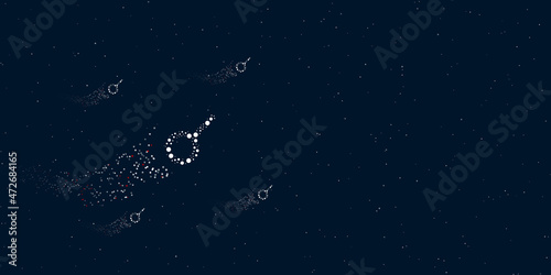 A astrological connection symbol filled with dots flies through the stars leaving a trail behind. There are four small symbols around. Vector illustration on dark blue background with stars