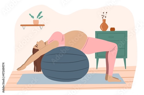 Pregnant woman doing balancing exercise, lying on birthing ball. Female practicing prenatal yoga, stretching her body and belly during pregnancy. Flat illustration isolated on white background