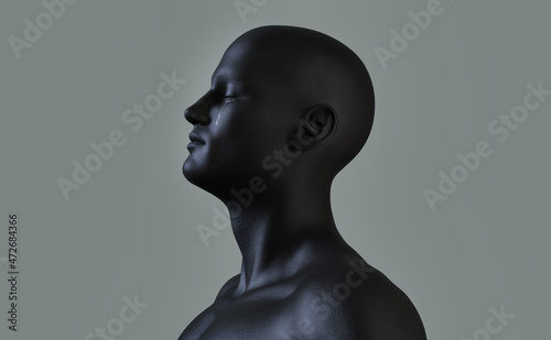 Profile of a man with eyes closed and tears streaming down his face, light background. 3D illustration.