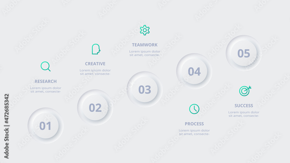 Neumorphic flow chart infographic. Creative concept for infographic with 5 steps, options, parts or processes. Neumorphic flow chart infographic. Creative concept for infographic with 5 steps, options, parts or processes.