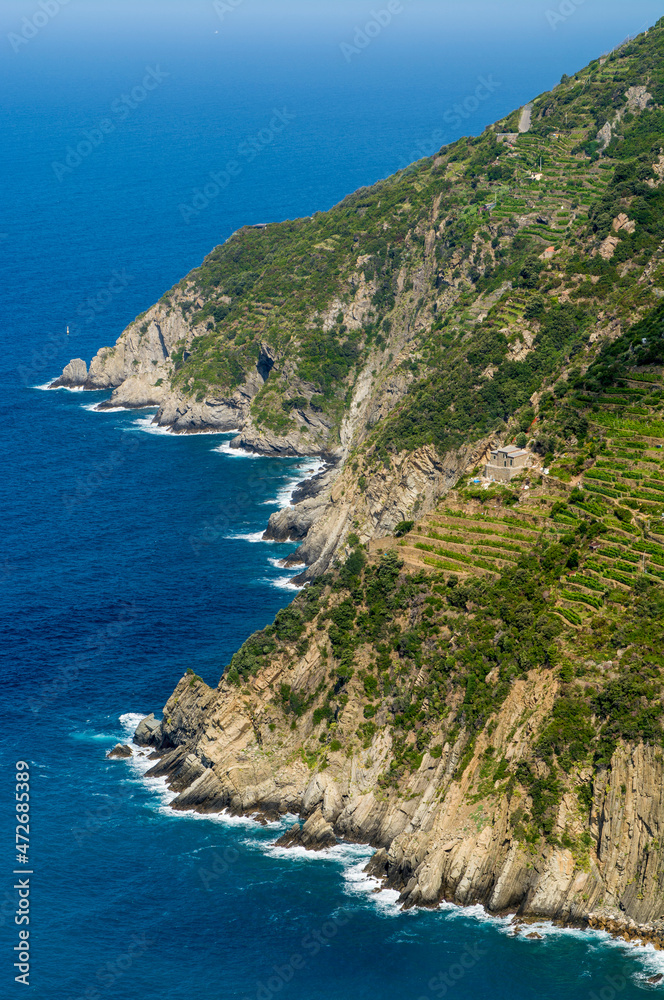 Cinque Terre National Park coastline south of Riomaggiore, Cinque Terre, Italy.