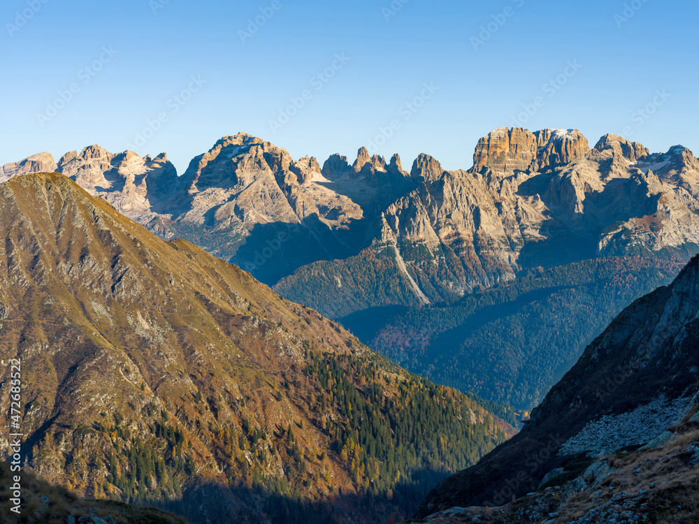 The summits of Brenta mountain range towering above Val Rendena. Brenta group in the Dolomites, part of UNESCO. Europe, Italy, Val Rendena