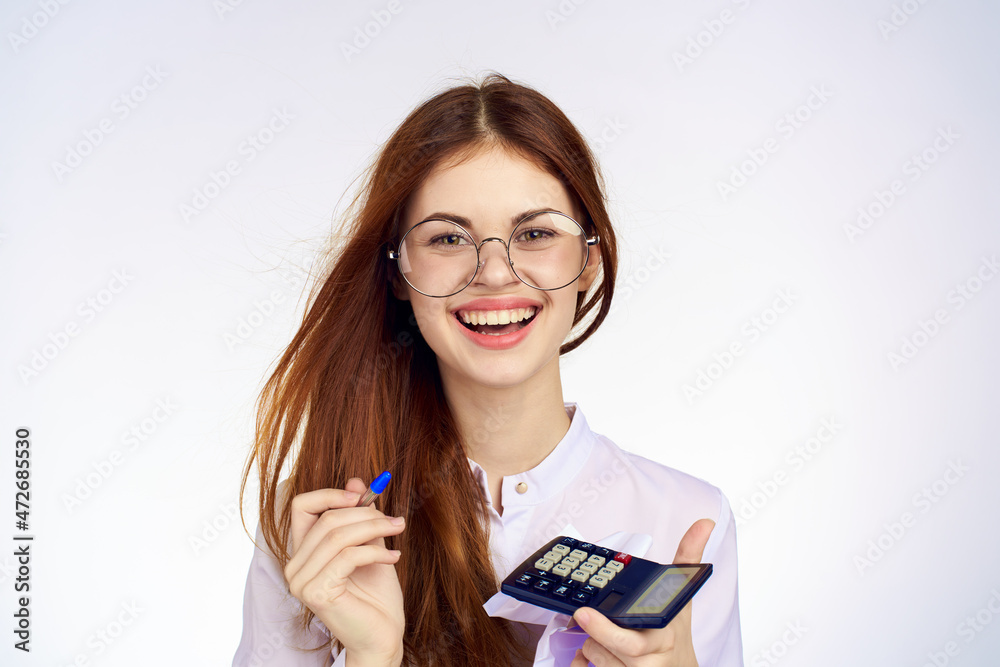 Business woman with calculator notepad working secretary Business woman with calculator notepad working secretary