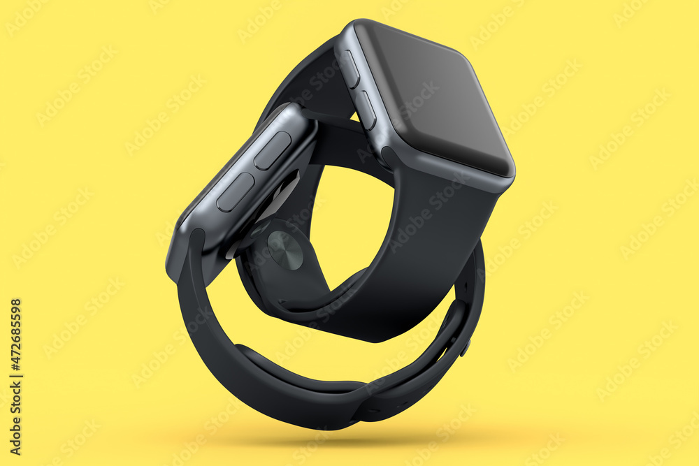 Set of black smart watches or fitness tracker isolated on yellow background. Set of black smart watches or fitness tracker isolated on yellow background.