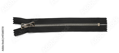 Black zipper isolated on white, top view photo