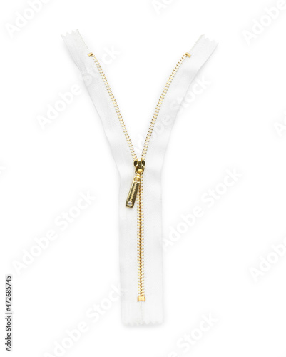 Golden zipper isolated on white, top view