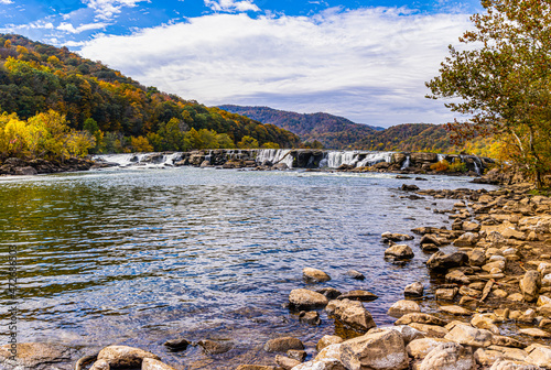 Sandstone Falls With Fall Color, New River Gorge National Park, West Virginia, USA