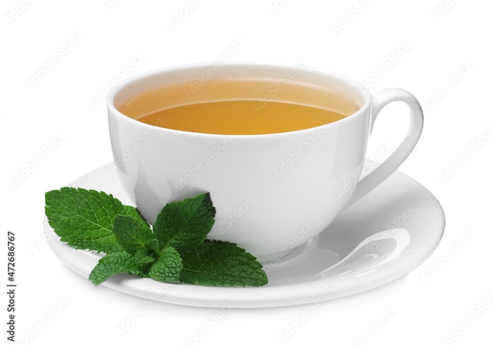Cup of aromatic green tea with fresh mint on white background Cup of aromatic green tea with fresh mint on white background