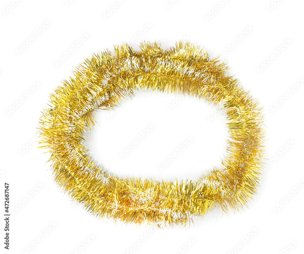 Obraz premium Shiny golden tinsel isolated on white, top view